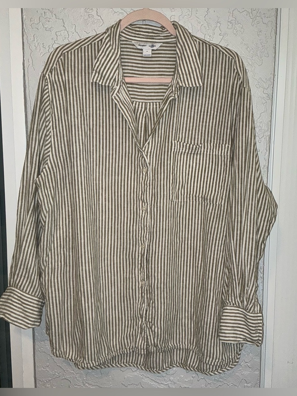 Old Navy Tan and White Striped Casual Button-Down Shirt